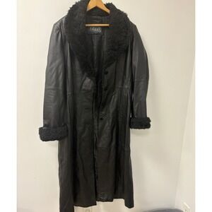R&O Reilly Olmes Leather Coat Womens Black Fur Collar & Cuffs Long Button Sz L